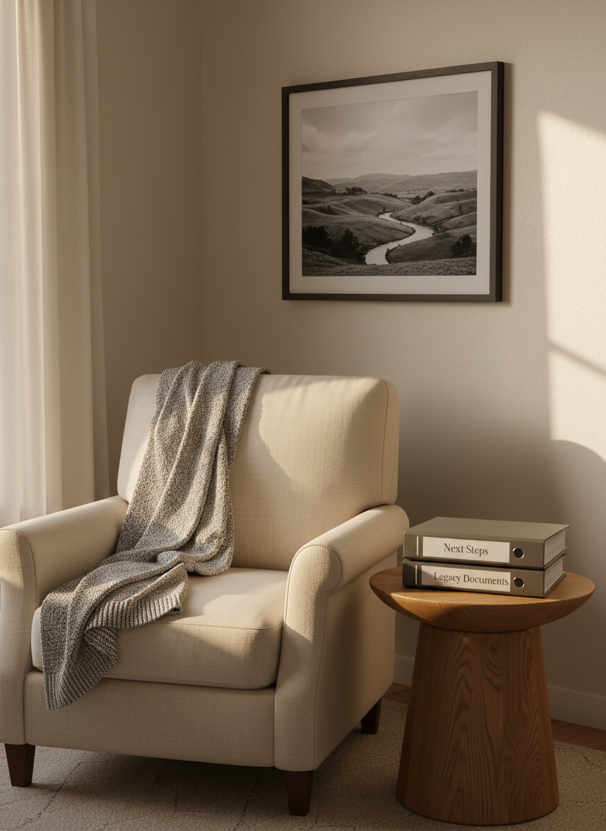 A warmly lit living room corner featuring a neatly arranged reading chair draped with a soft gray throw, a small oak side table, and a stack of labeled binders titled “Next Steps,” “Memories,” and “Legacy Documents.” A framed black-and-white landscape photograph hangs on the textured cream wall above. Late afternoon natural light pours in from an unseen window, creating a golden, comforting glow across the fabrics and wood grain. Photographic realism with a slightly elevated angle and balanced composition, capturing both chair and table. The atmosphere is gentle, reflective, and supportive, evoking a safe, organized space for navigating life transitions after a loss.