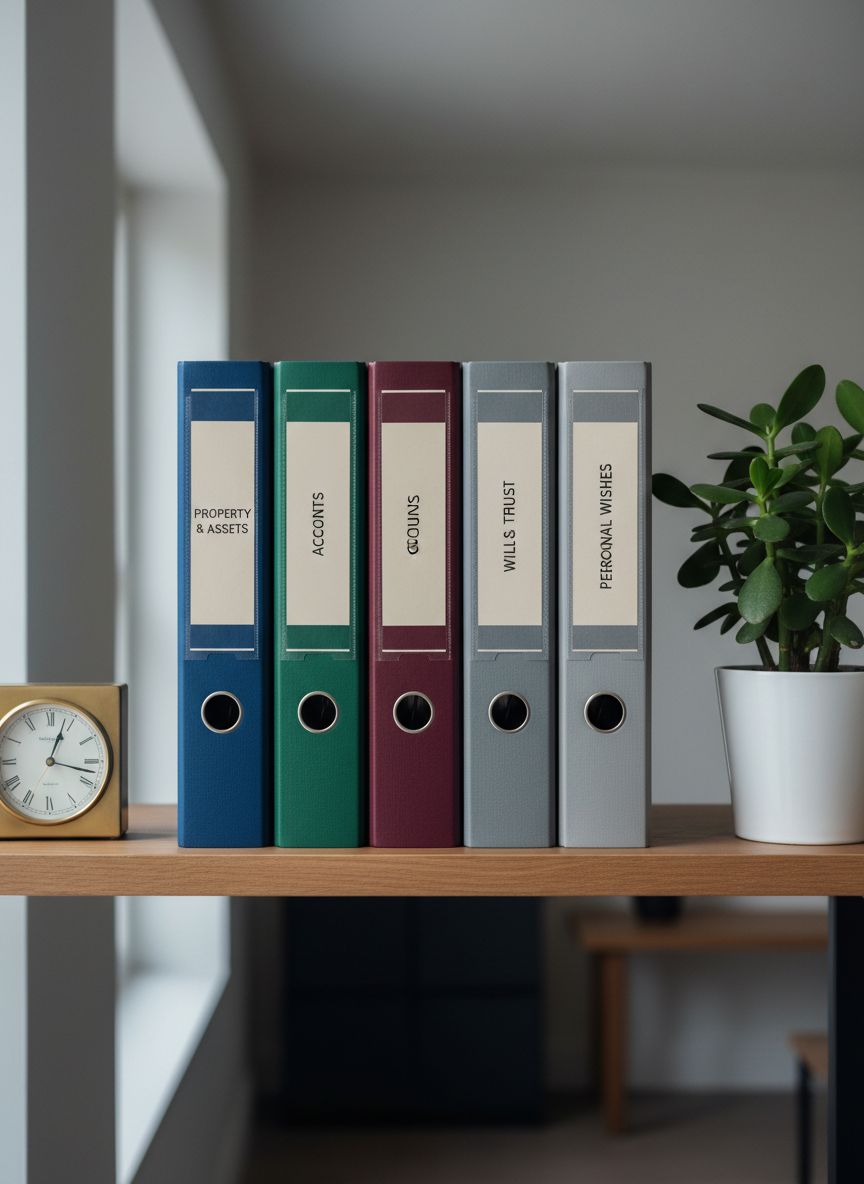 A carefully organized “family transition” binder system on a matte oak shelf, featuring several thick, color-coded binders with tasteful labels such as “Property & Assets,” “Accounts,” “Wills & Trusts,” and “Personal Wishes.” A small, elegant clock and a potted green plant sit at either end of the row, framing the binders. Soft, indirect daylight from a nearby window bathes the scene in a gentle, cool glow, enhancing legibility of the labels. Photographic realism with a straight-on composition and moderate depth of field, keeping all text sharp. The mood is orderly, stable, and reassuring, conveying the idea of holistic support and clear organization during complex wealth transitions.