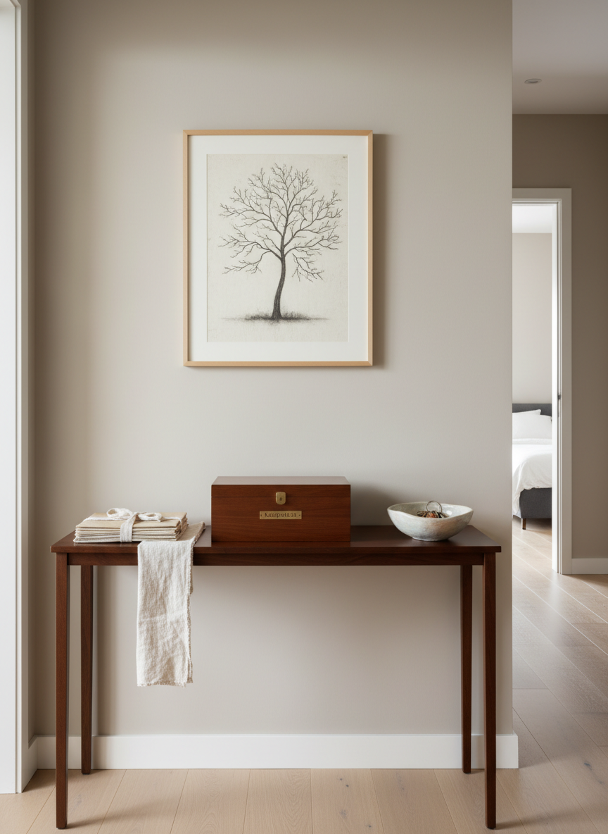 A serene hallway in a modern home with a small console table carefully styled with a wooden box labeled “Keepsakes,” a stack of cream-colored envelopes tied with a linen ribbon, and a simple ceramic bowl holding house keys. A framed, minimalist artwork of a tree hangs above the table, suggesting continuity and growth. Soft, diffused daylight enters from an adjacent room, illuminating the neutral walls and gently highlighting the textures of wood and ceramic. Photographic realism, composed using the rule of thirds from an eye-level perspective. The mood is peaceful and reflective, suggesting a thoughtful transition space where practical details and cherished memories meet after a family loss.