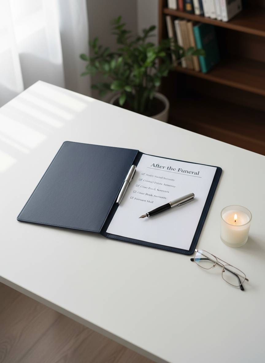 A close-up of a meticulously arranged desktop with a navy-blue leather portfolio opened to a checklist page titled “After the Funeral,” beside a fountain pen, a pair of reading glasses, and a small candle in a frosted glass holder. The desk surface is matte white, clean and uncluttered. Soft overhead studio lighting combines with subtle window light from the left, creating delicate shadows and a calm, even tone. The background fades into soft blur, hinting at a bookshelf and a potted plant. Photographic realism, shot from a top-down angle for clarity and order. The mood is practical yet soothing, emphasizing structured guidance through difficult administrative tasks.